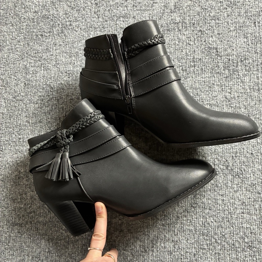 Womens‎ Black Faux Leather Ankle Boots Stacked Heel Zip Tassel Braided Strap 11